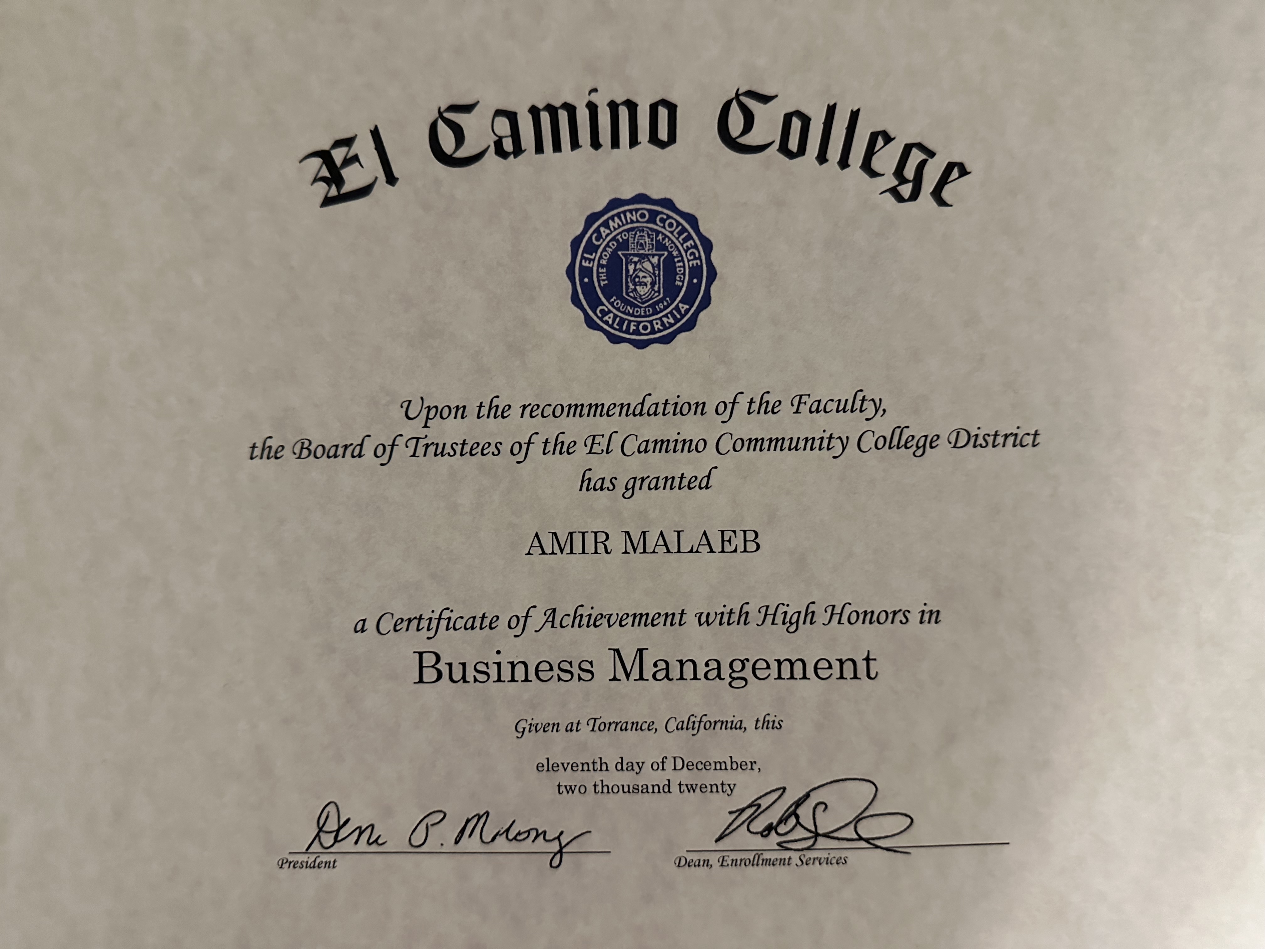 El Camino College Certificate